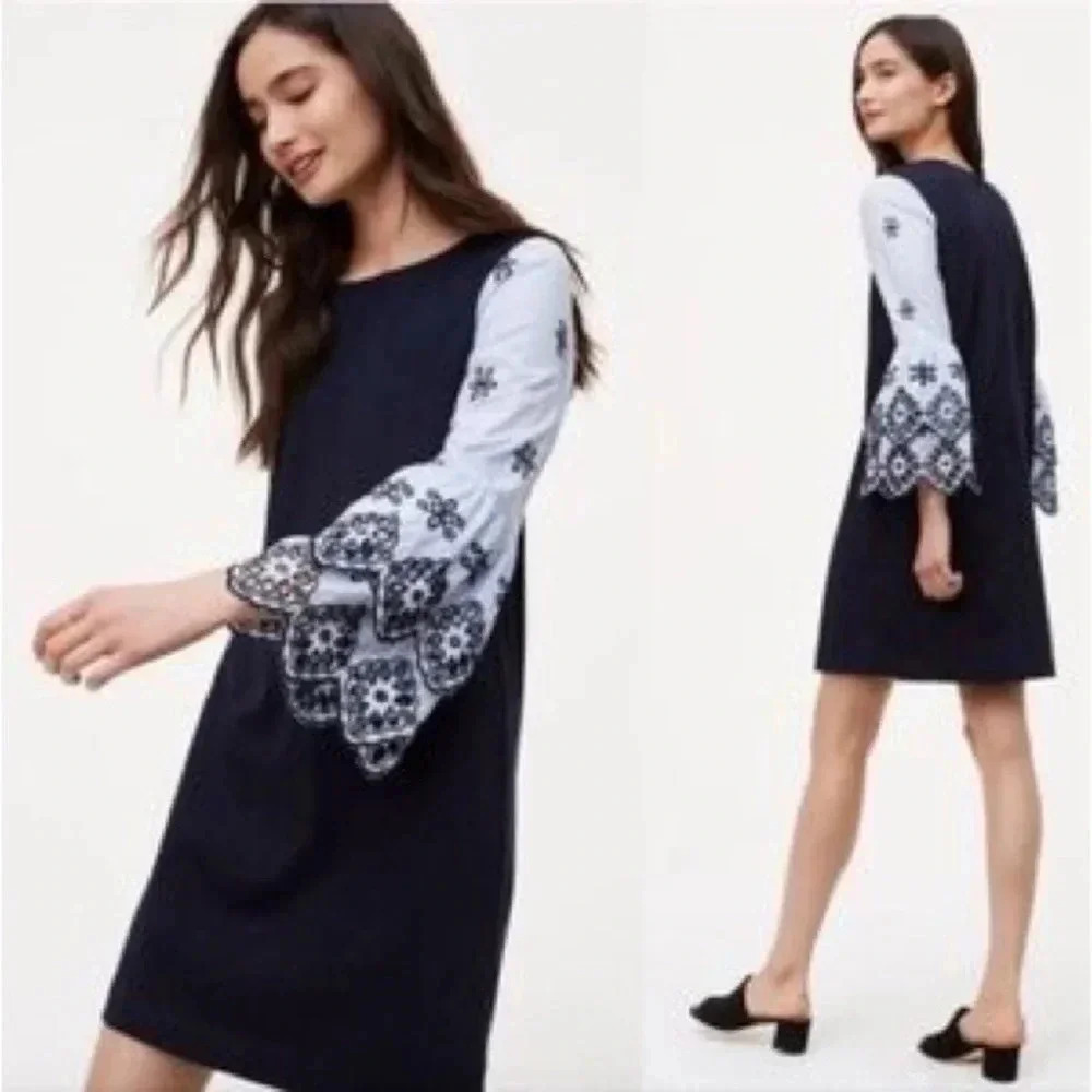 Ann Taylor LOFT Navy Blue Eyelet Cotton Shift Dress Size XS Petite